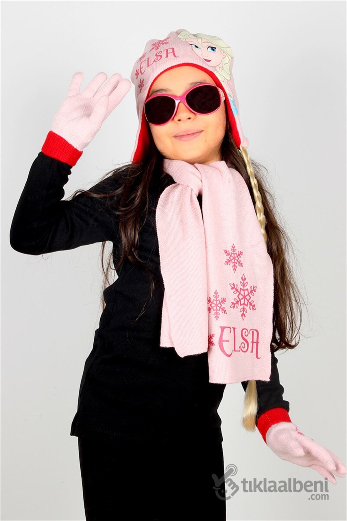 Saç Örgülü Elsa Atkı Bere Eldiven Set - ELS-10 - Pembe