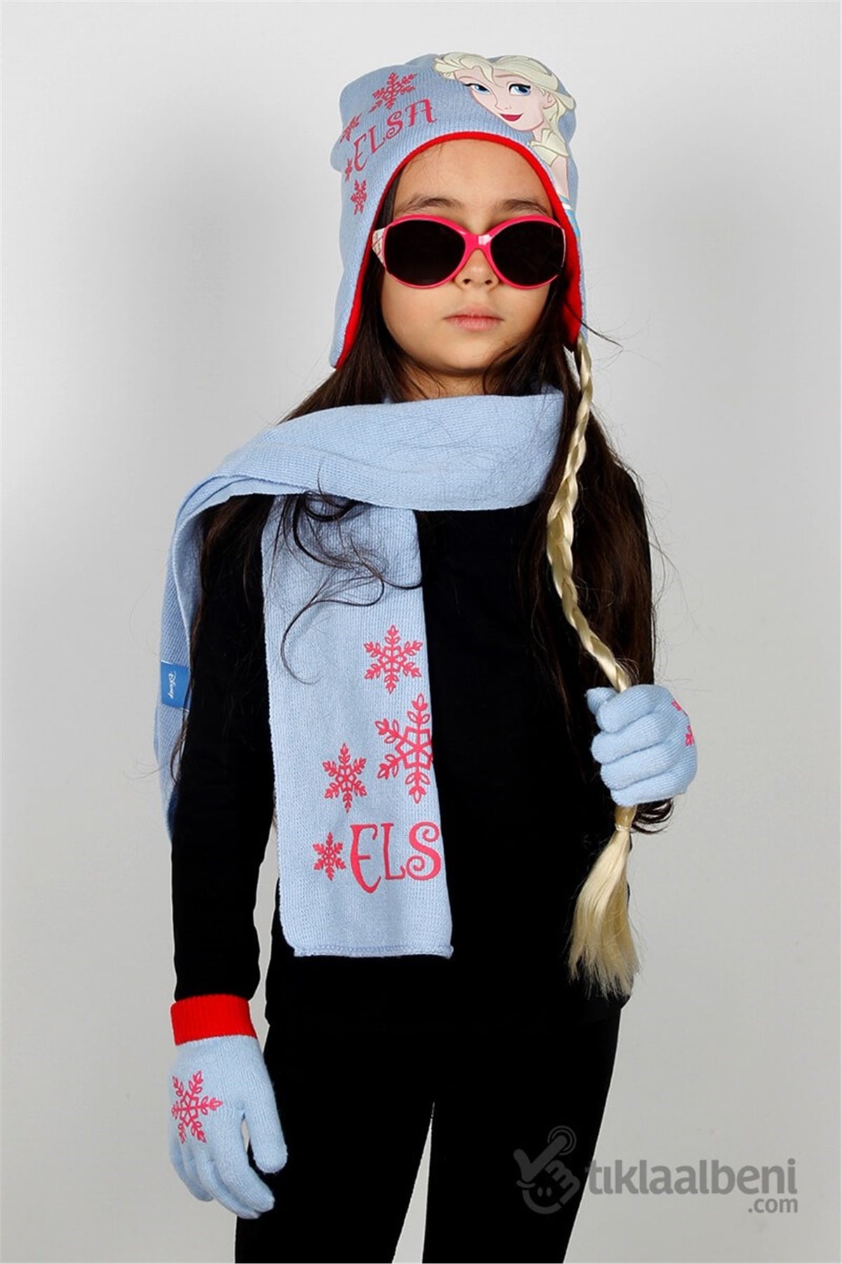 Saç Örgülü Elsa Atkı Bere Eldiven Set - ELS-10 - Mavi