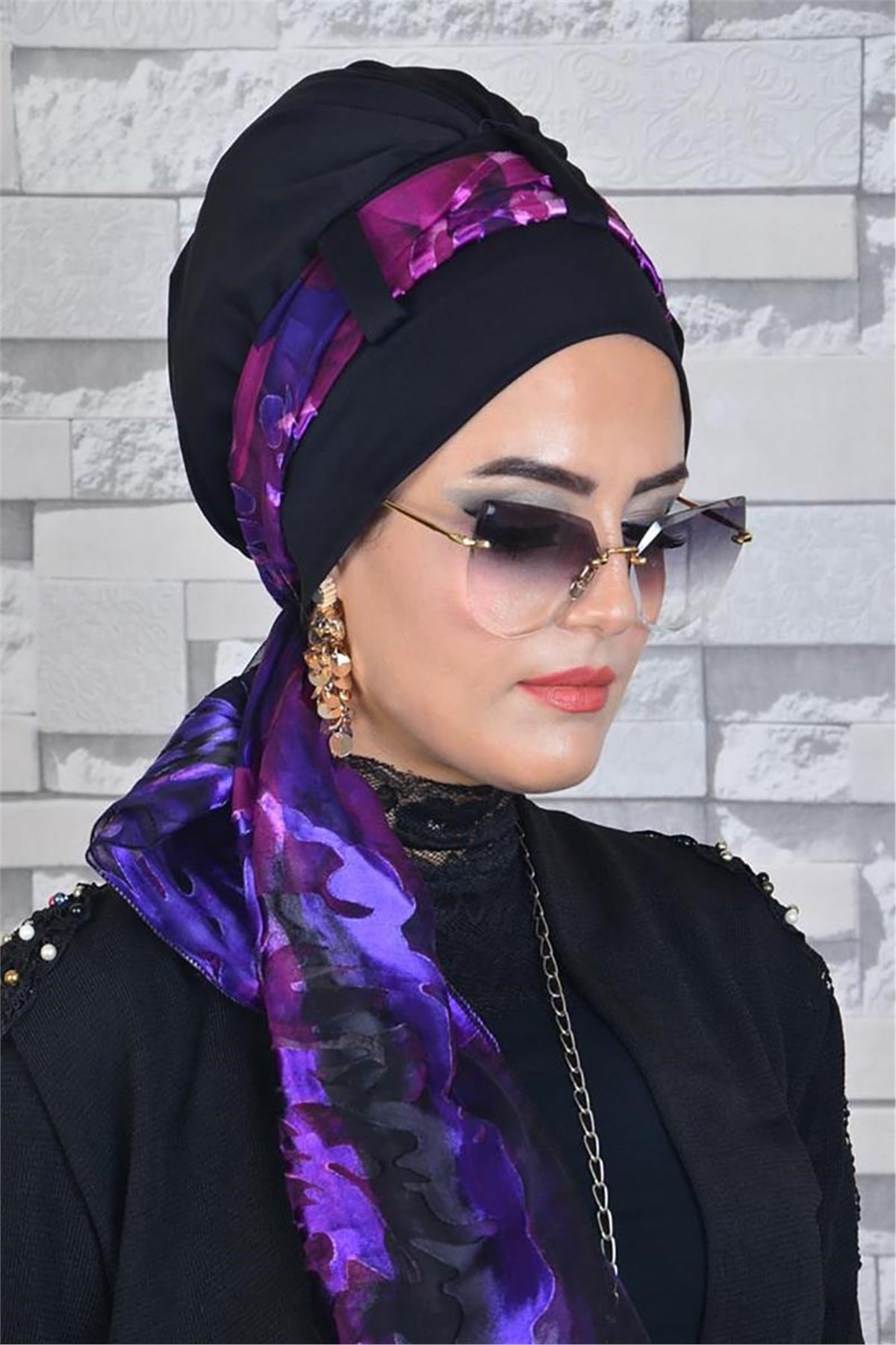 Şal Bone Siyah Mor Desenli tb13706