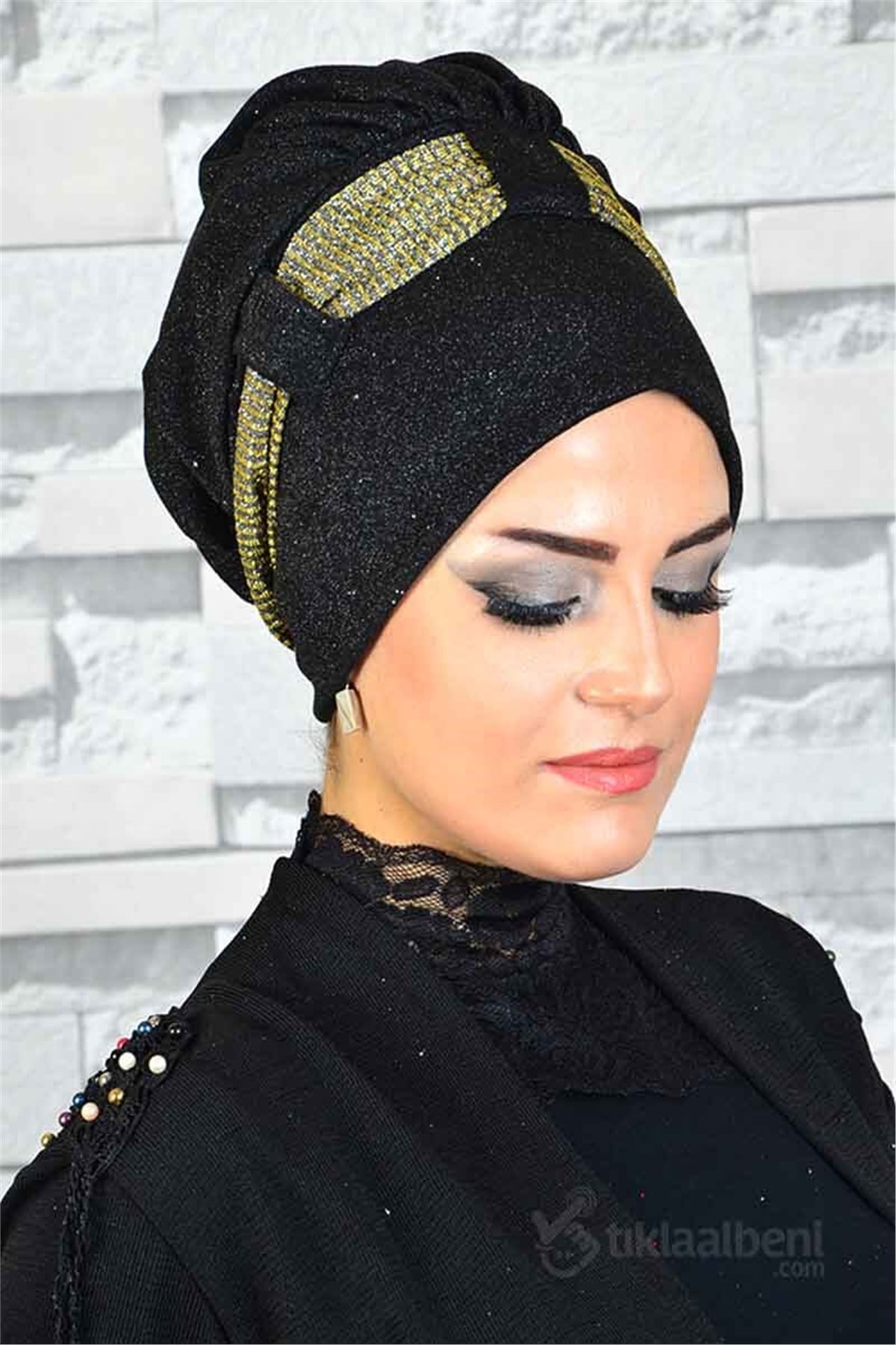 Simli Biritli Siyah Gold Hazır Abiye Bone bna009