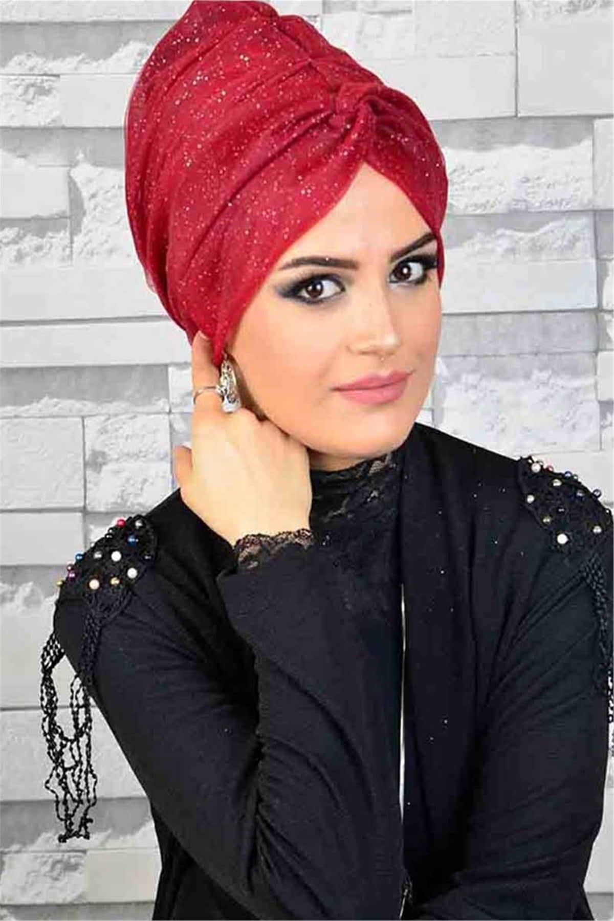 Simli Bordo Hayal Tül  Tesettür Abiye Bone Şal hz015