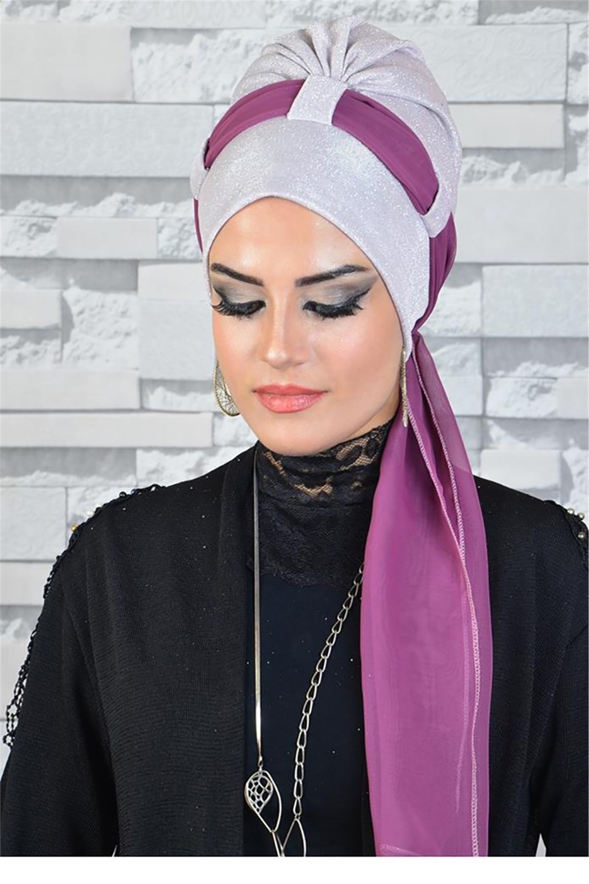 Simli Buz Beyazı Fularlı Bone Fuşya Detaylı