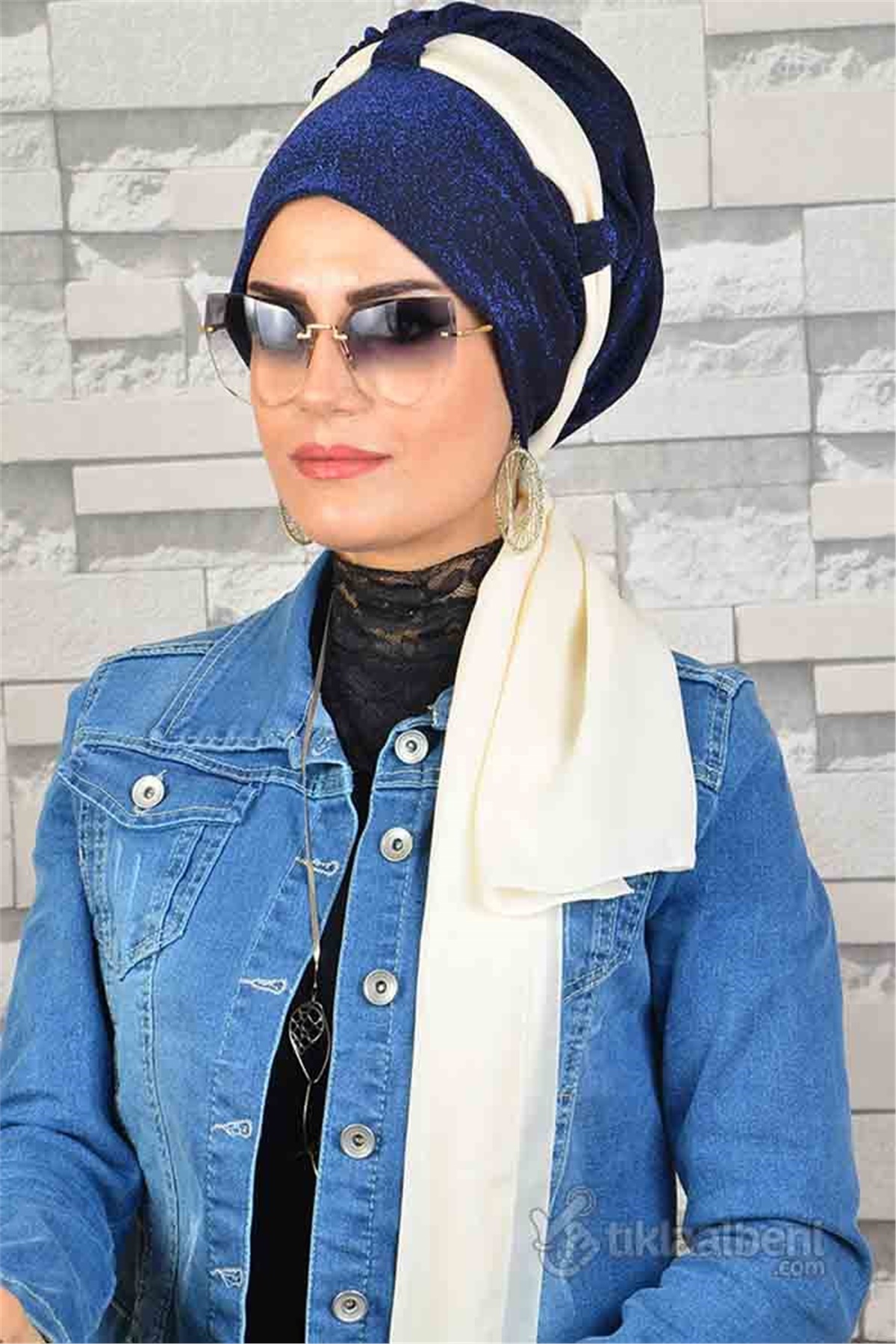 Simli Ekru Lacivert Hazır Fularlı Eşarp tb2023