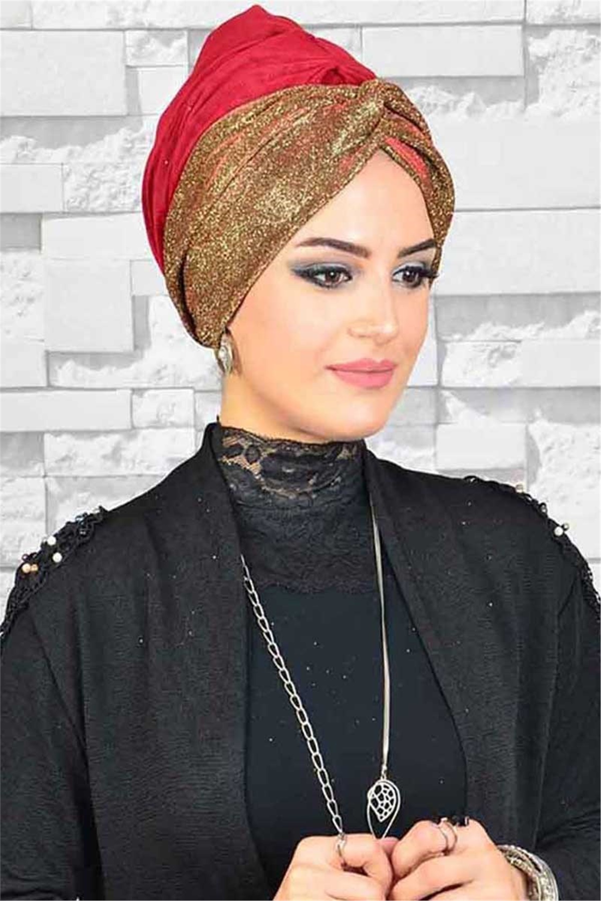 Simli Gold Bordo Hayal Tül  Tesettür Abiye Bone Şal hz014
