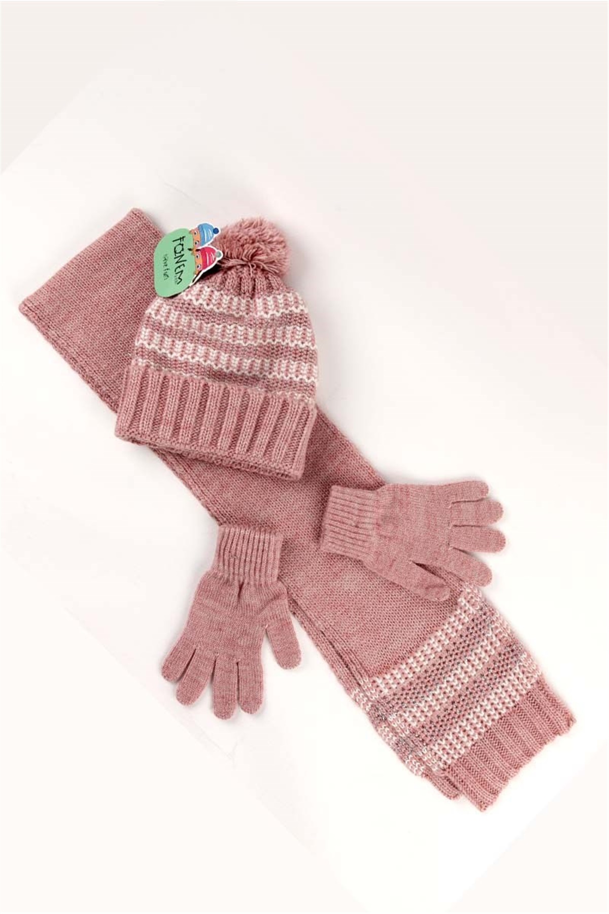 Simli Helen Kız Çocuk Atkı Bere Eldiven Takımı, Pembe 8 / 12 Yaş