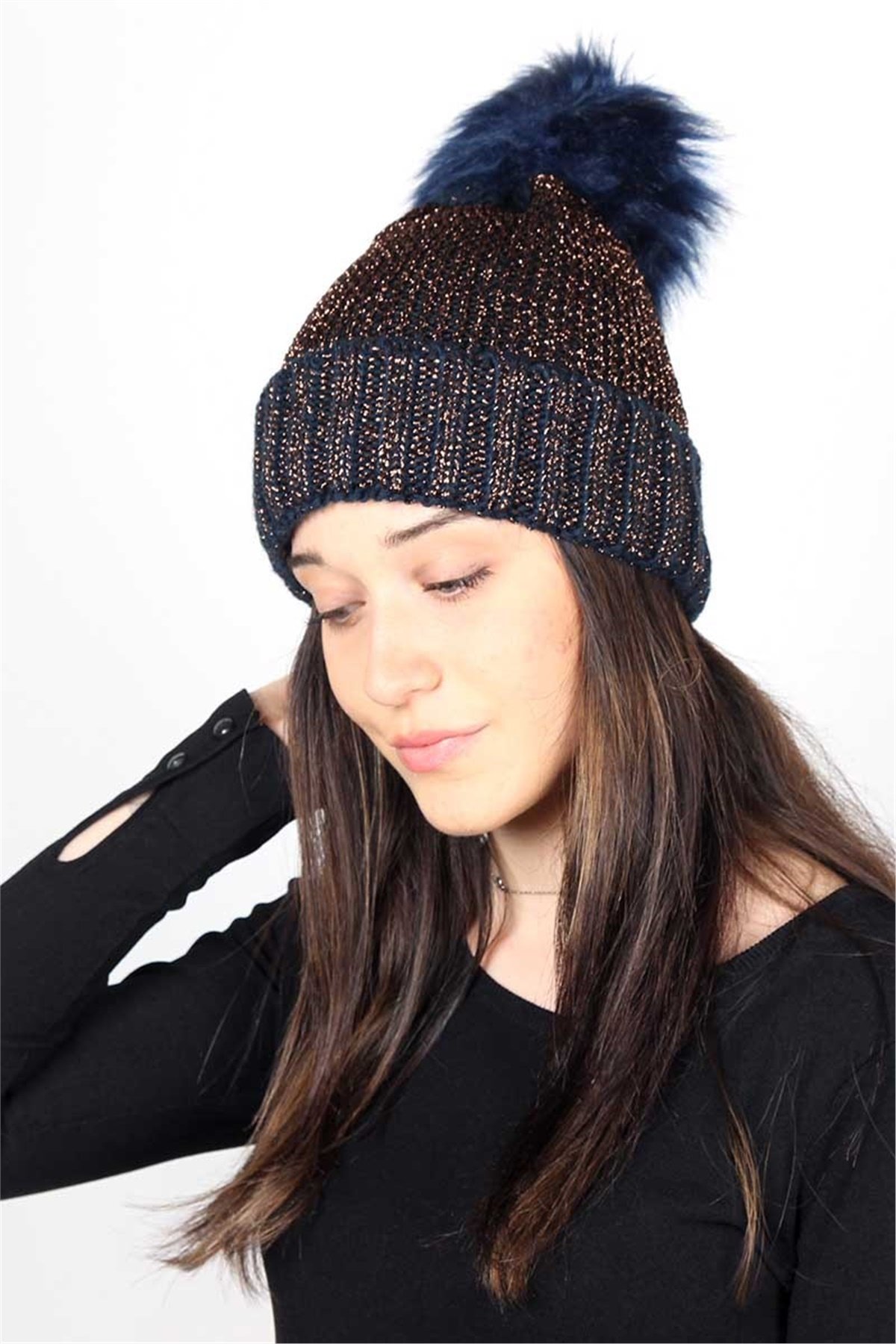 Simli, İp File Örgü Kadın Bere KFB12505 Lacivert