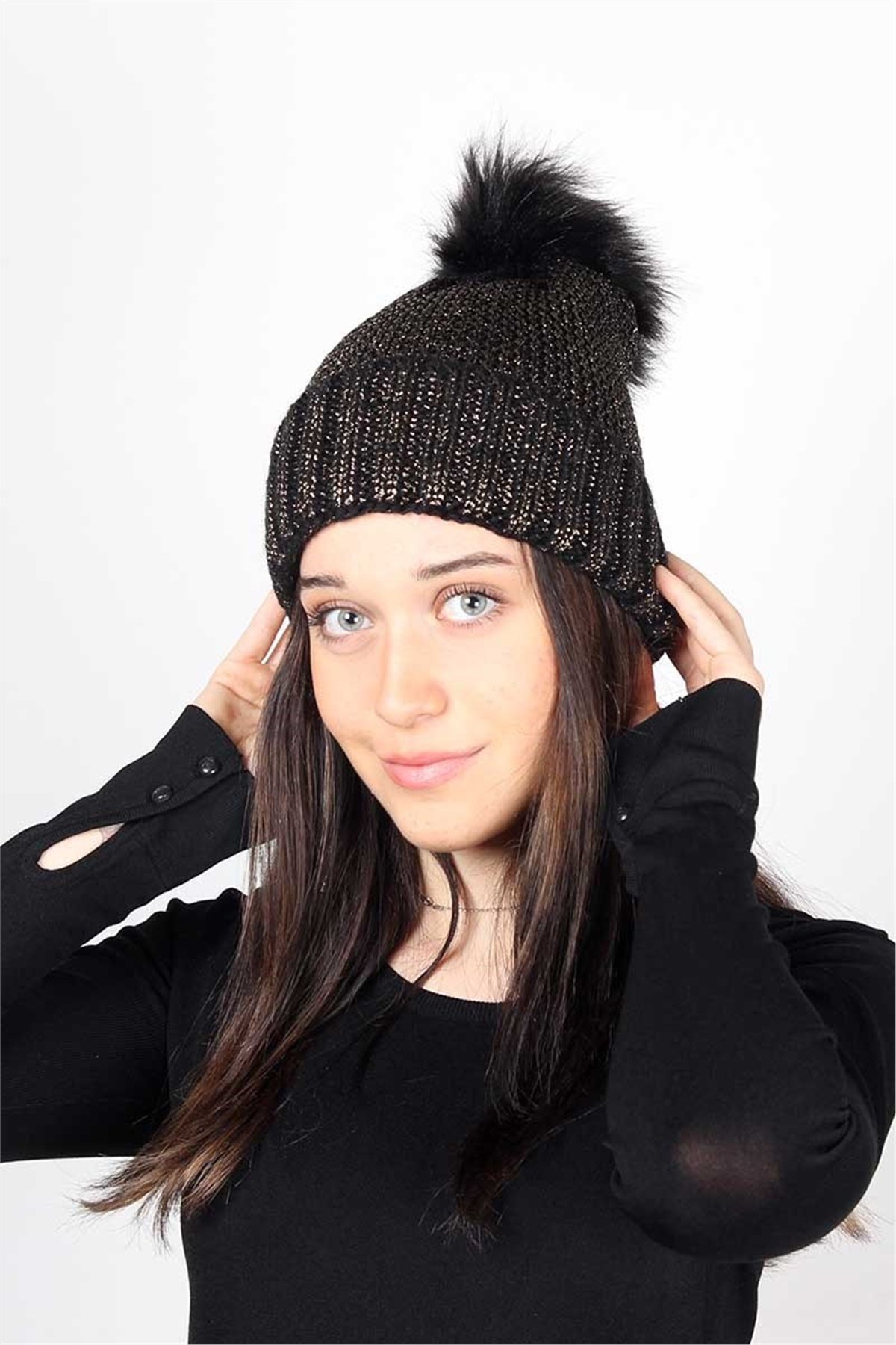 Simli, İp File Örgü Kadın Bere KFB12505 Siyah