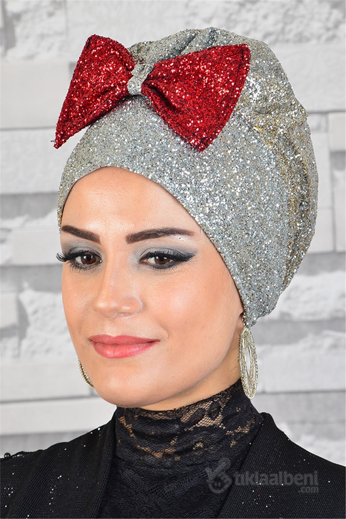 Simli Kırmızı Gümüş Abiye Tesettür Bone bna018