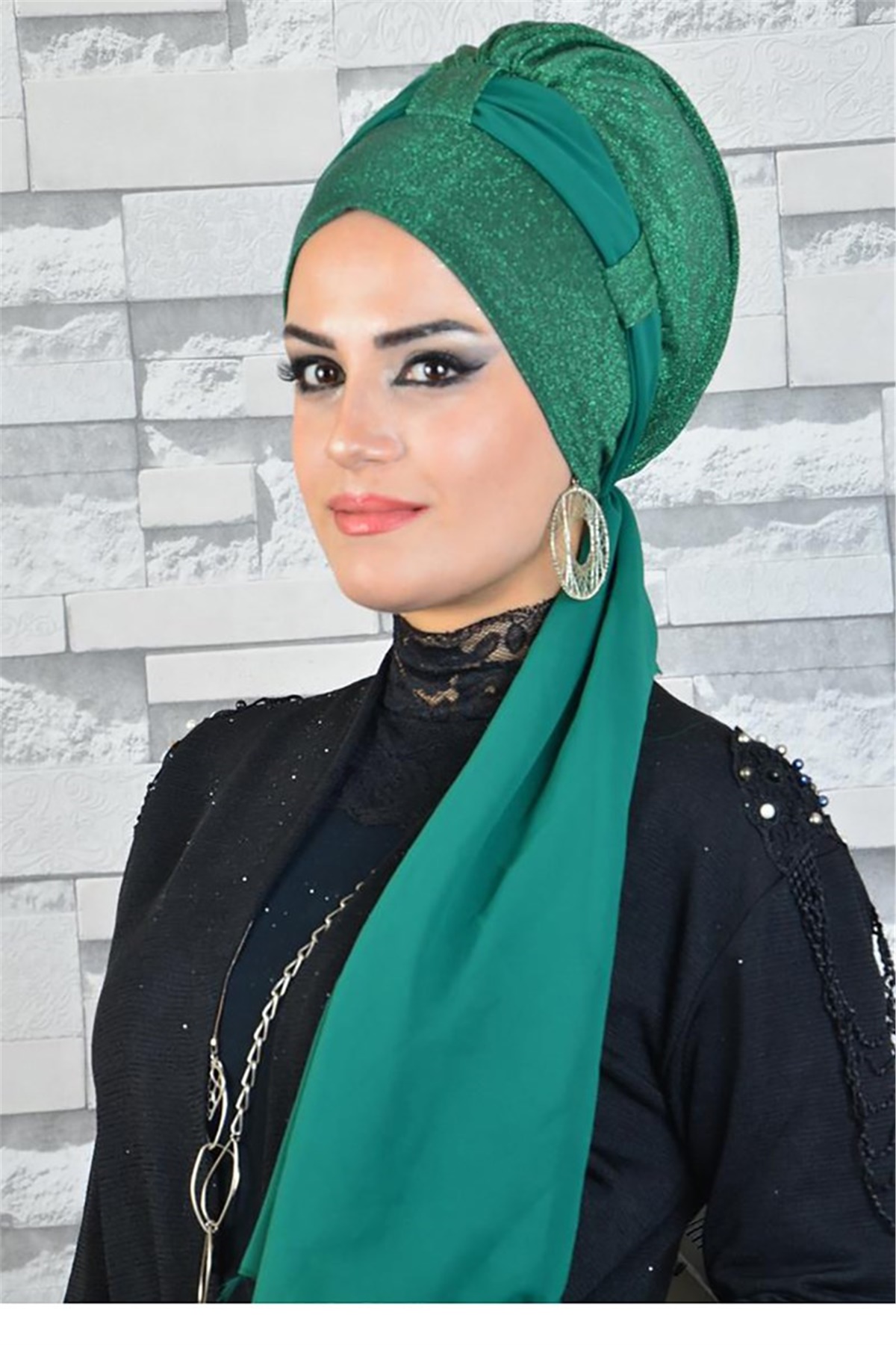 Simli Zümrüt Abiye Fularlı Bone bna032