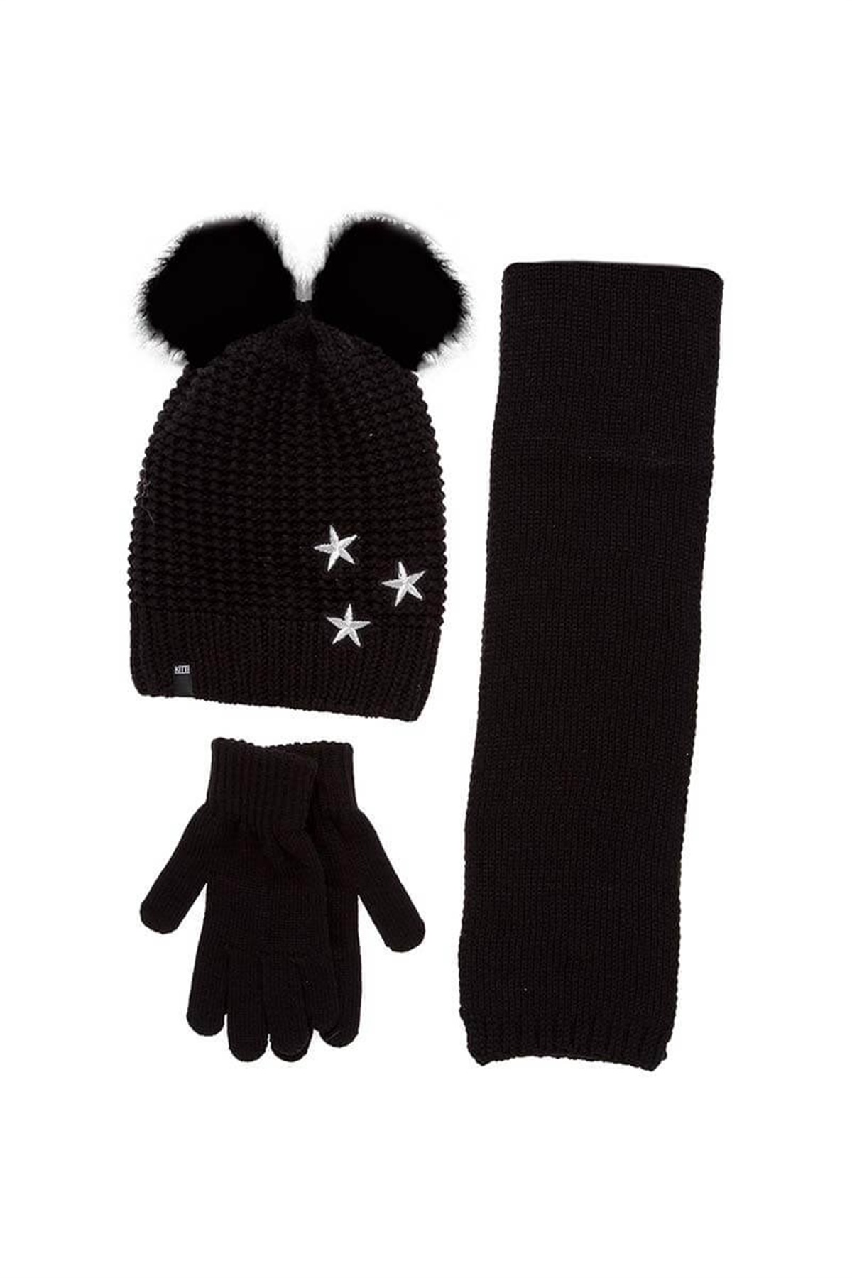 Siyah Çift Ponponlu Kız Çocuk Atkı Bere Eldiven Takımı - K9960