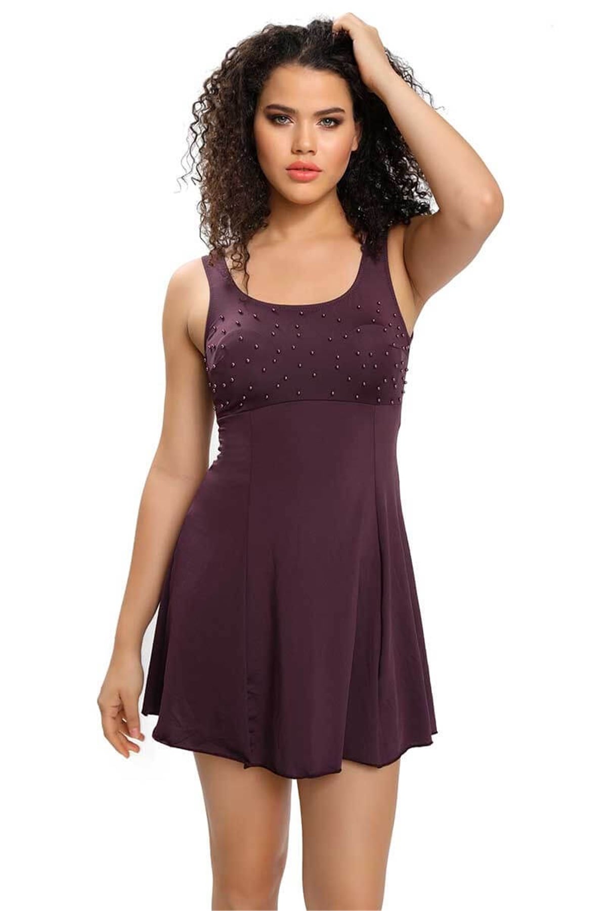 Siyah İnci Detaylı Şortlu Elbise Mayo 3209010 Mürdüm