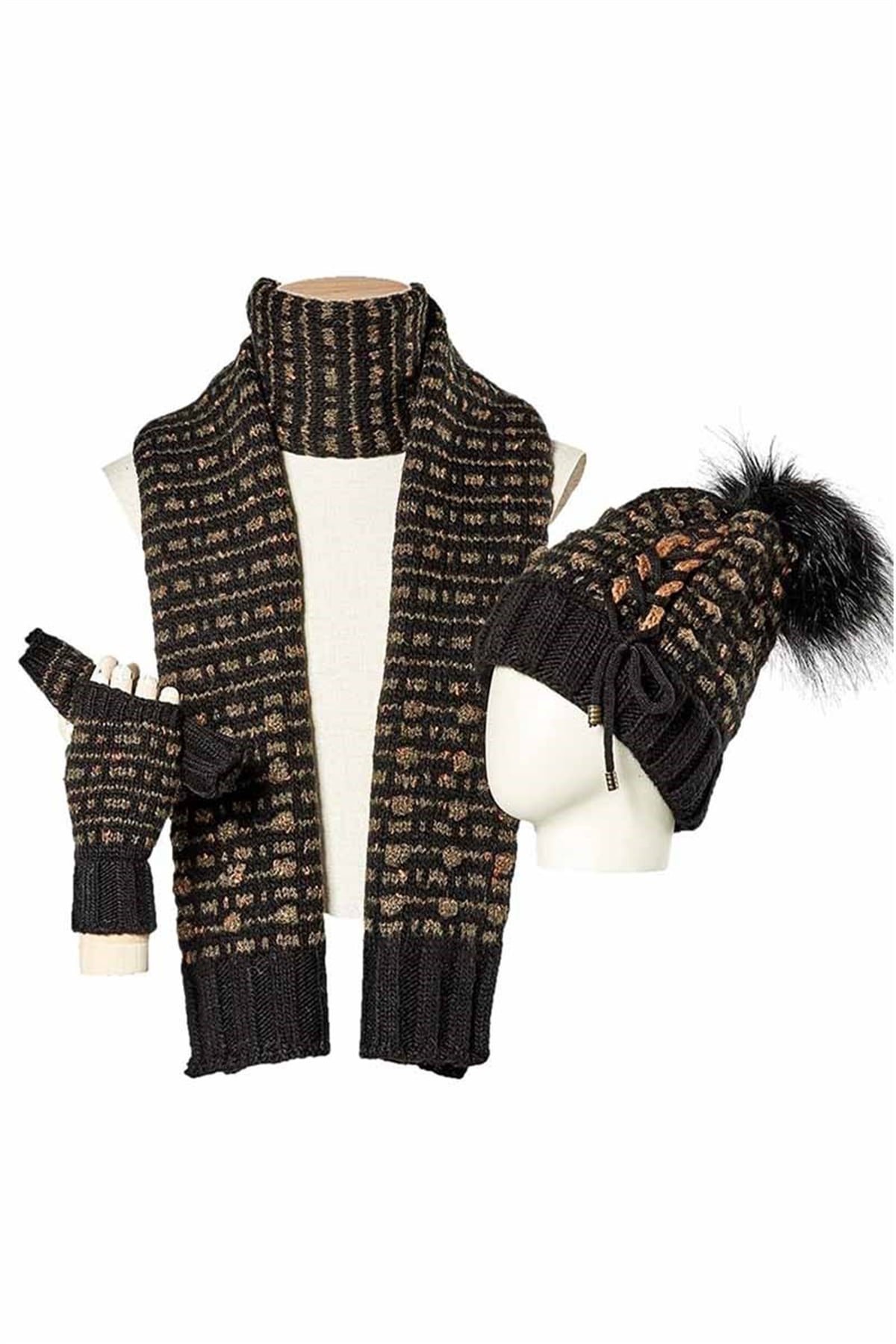 Siyah Kadın Atkı Bere Eldiven Takımı 13068 