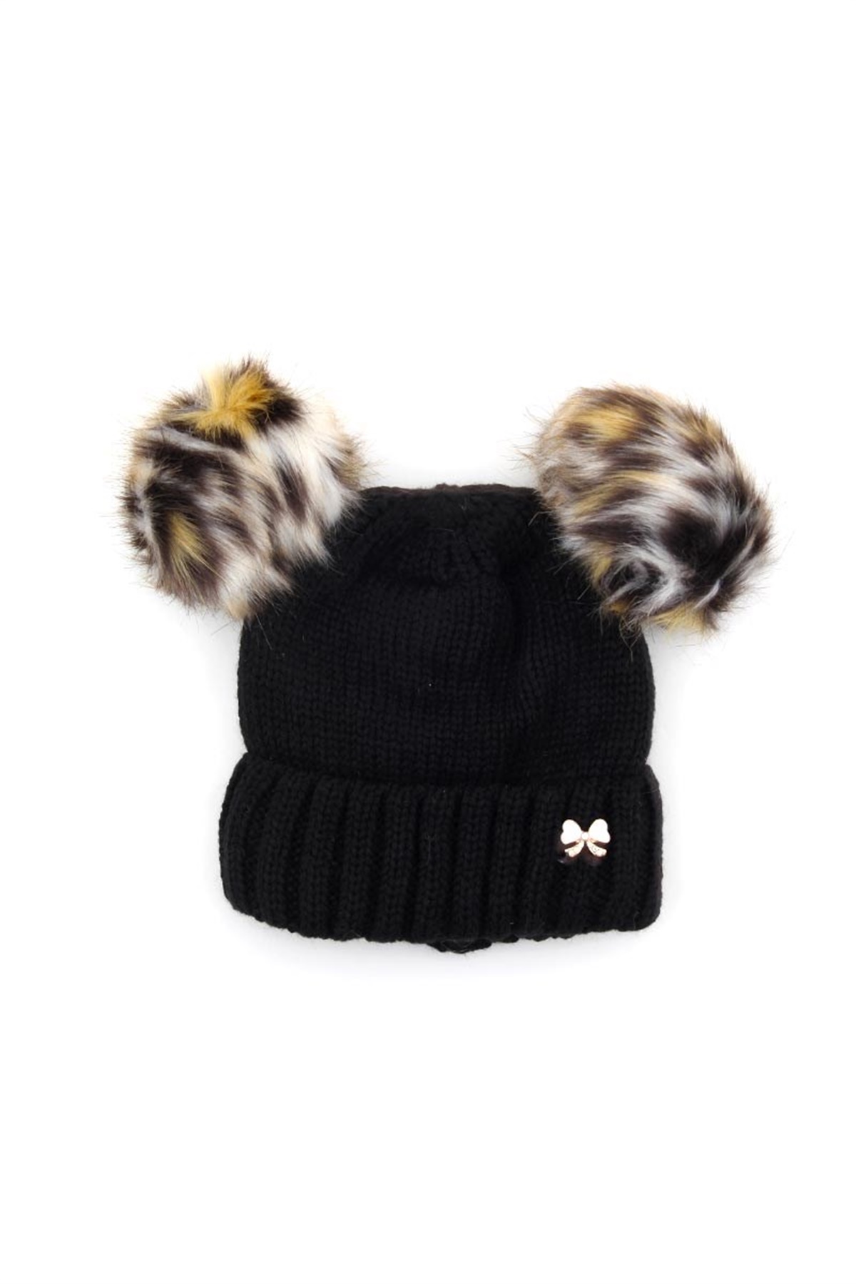 Siyah Kız Çocuk Çift Ponponlu Bere 4-12 Yaş