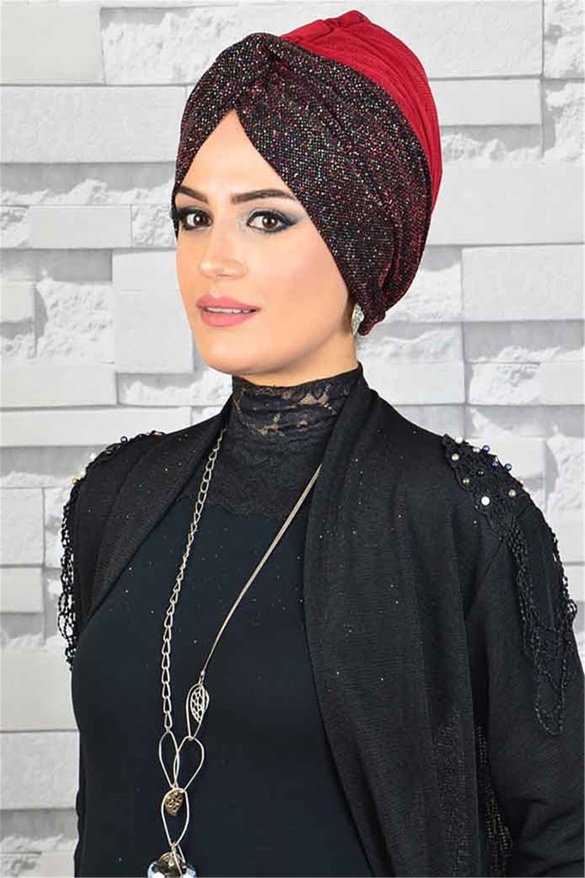 Siyah Simli Bordo Hayal Tül Tesettür Abiye Şal hz016