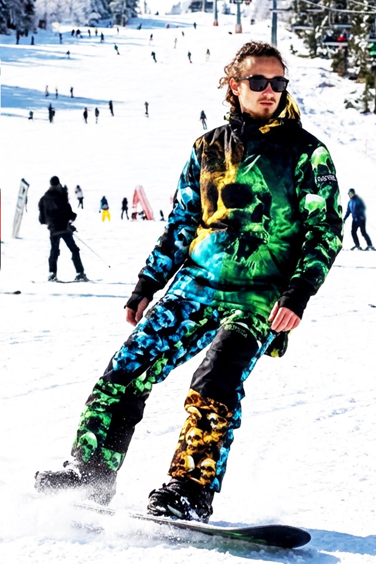 Skull X Snowboard Takımı, Renkli Kayak ve Kar Mont ve Pantolon Takımı