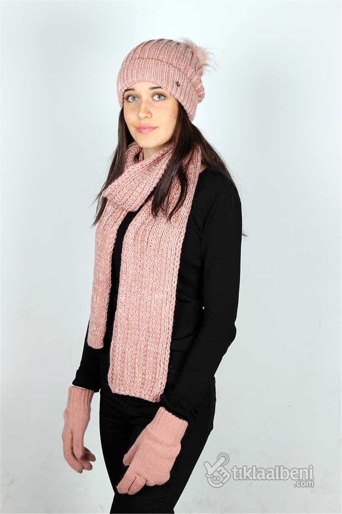 Tarz Kadın Atkı Bere Eldiven Üçlü Takım - Açık Pembe