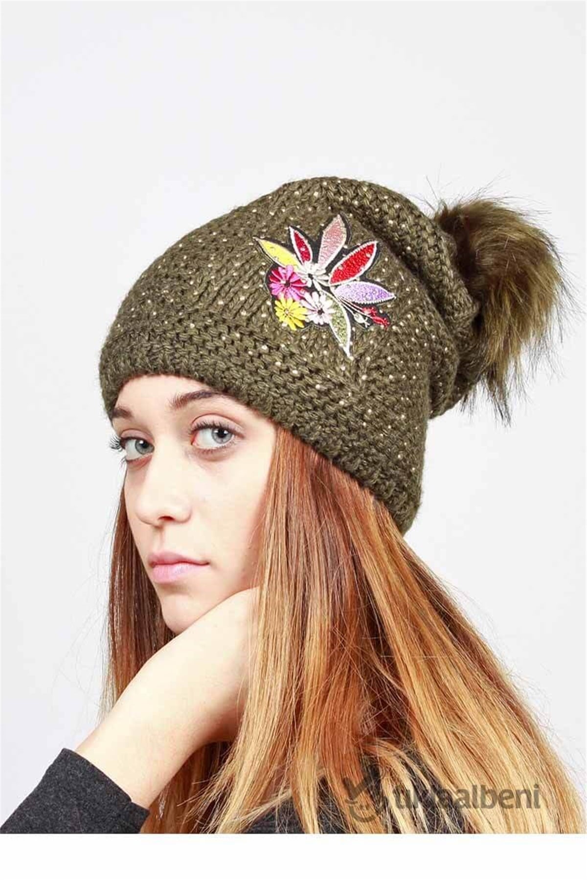 Taşlı Çiçekli Bere GB-1009 - Haki