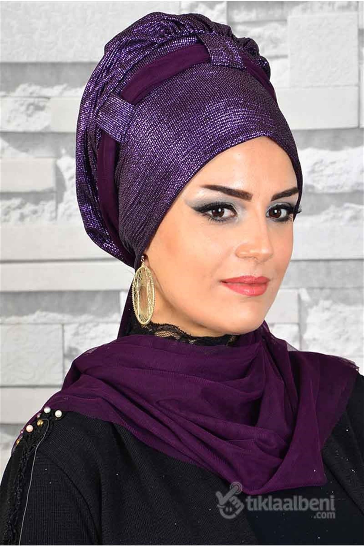 Tül Detaylı Mürdüm Abiye Tesettür Bone bna016