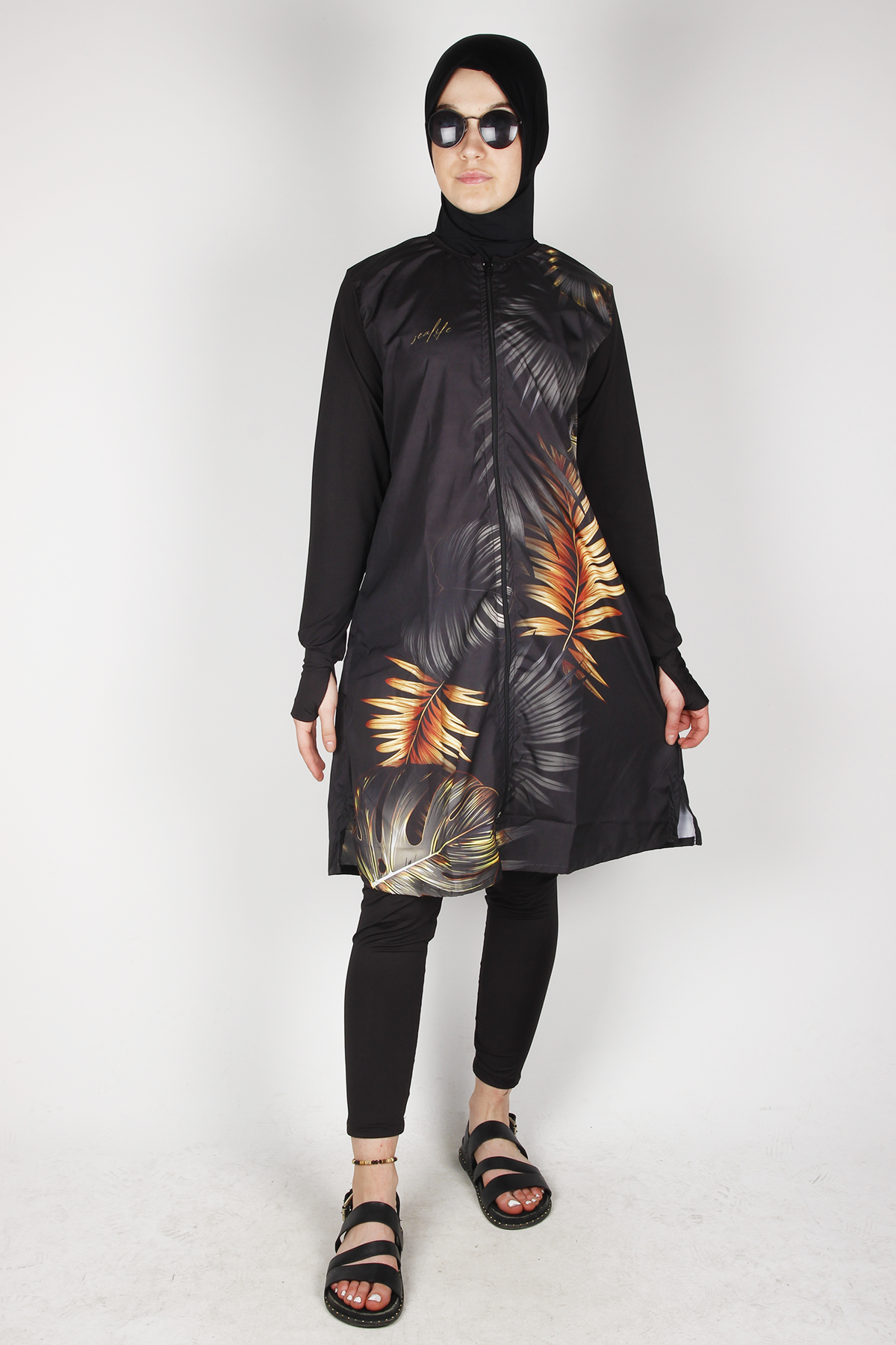 Veros SL1030 Yaprak Desenli Siyah Tesettür Mayo