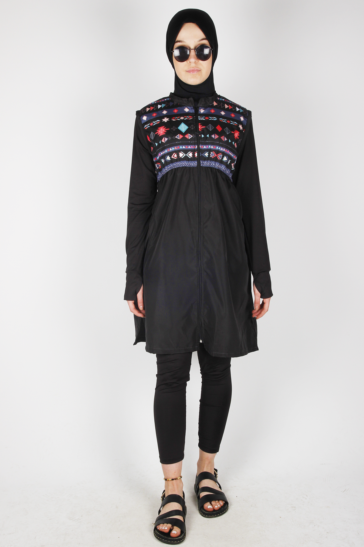 Veros SL1031 Geometrik Desenli Siyah Tesettür Mayo