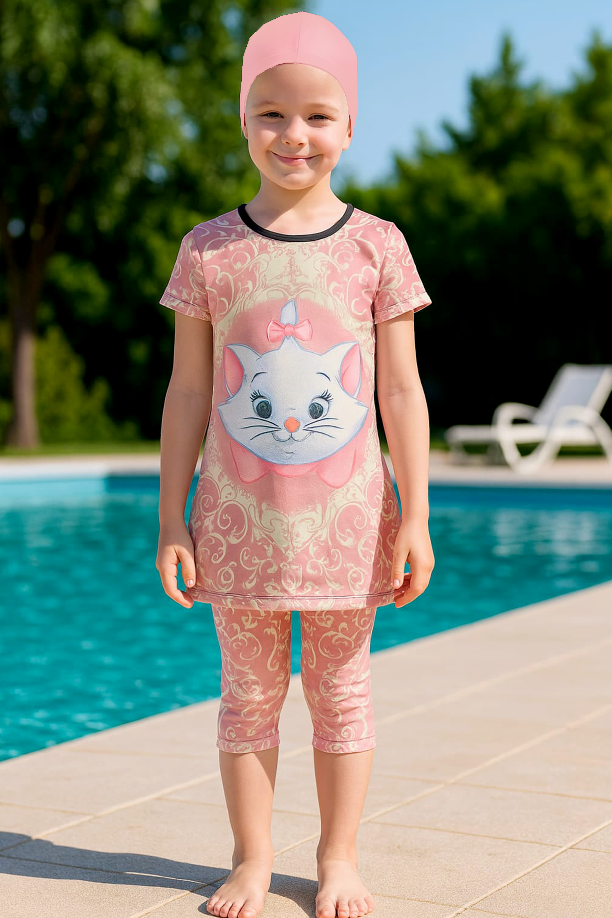 Veros VRS1152, Kısa Kollu Kız Çocuk Kedili Mayo