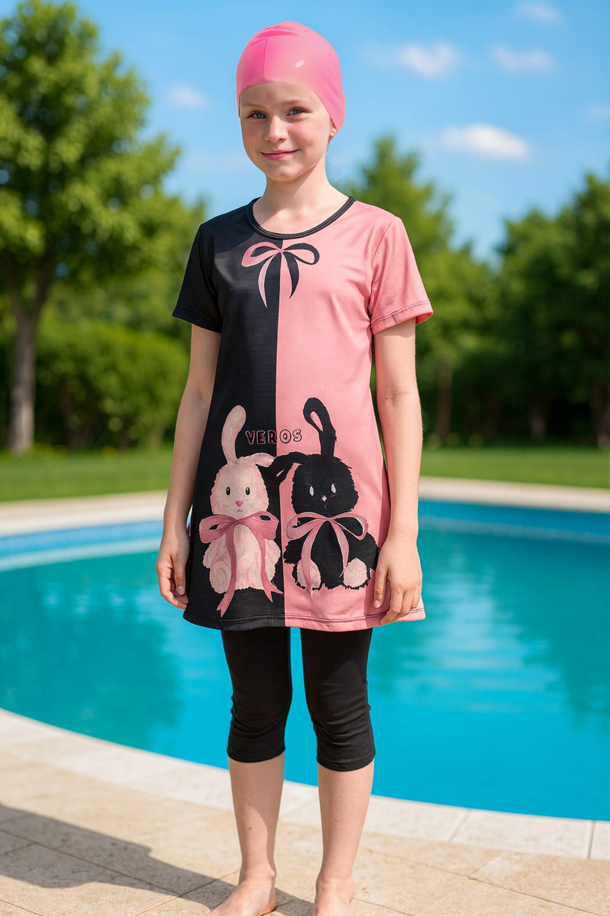 Veros VRS1159, Tavşan Desenli Kısa Kollu Çocuk Mayo