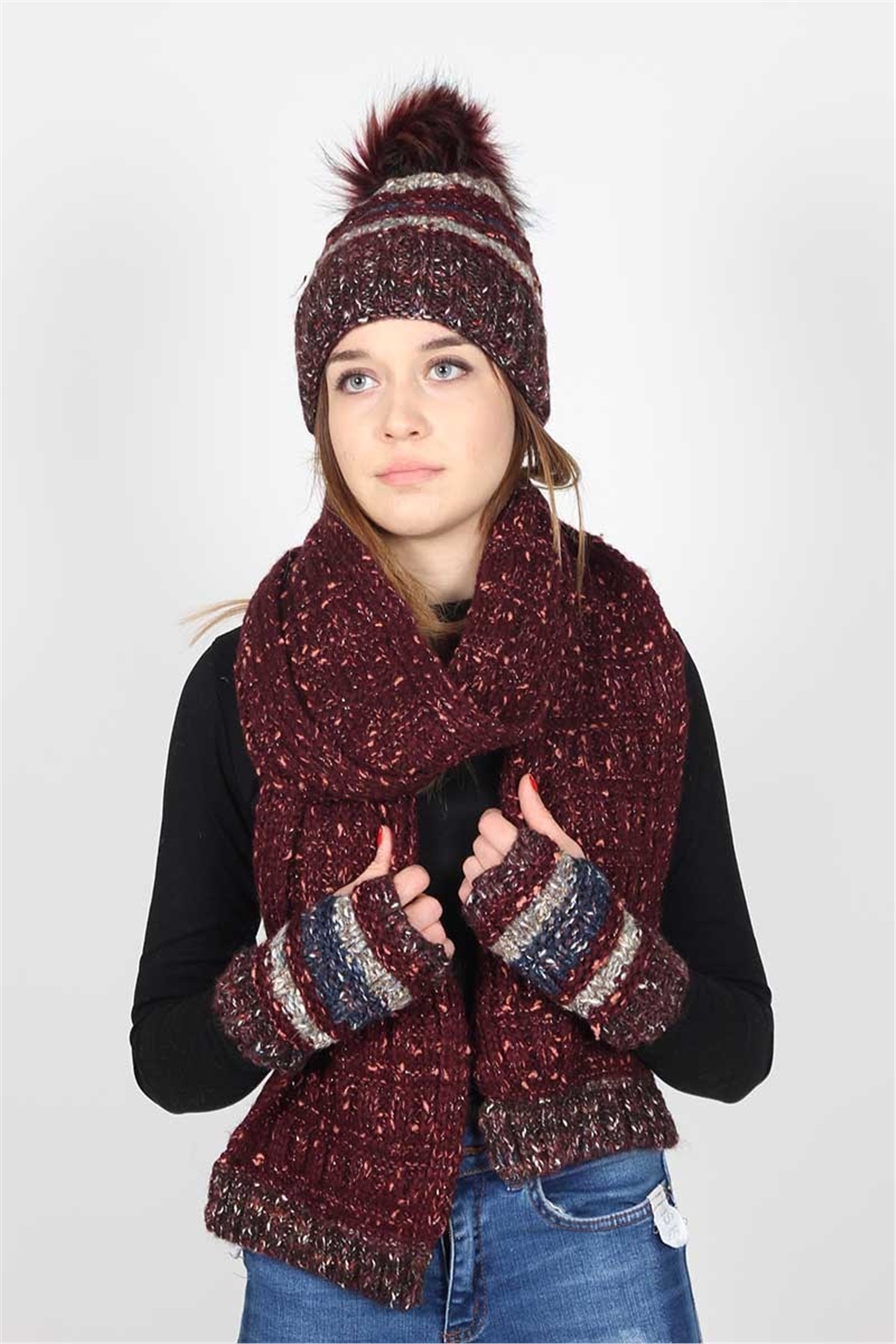 Weft Kadın Bordo Atkı Bere Eldiven Takımı 13078 Exclusive Serisi 