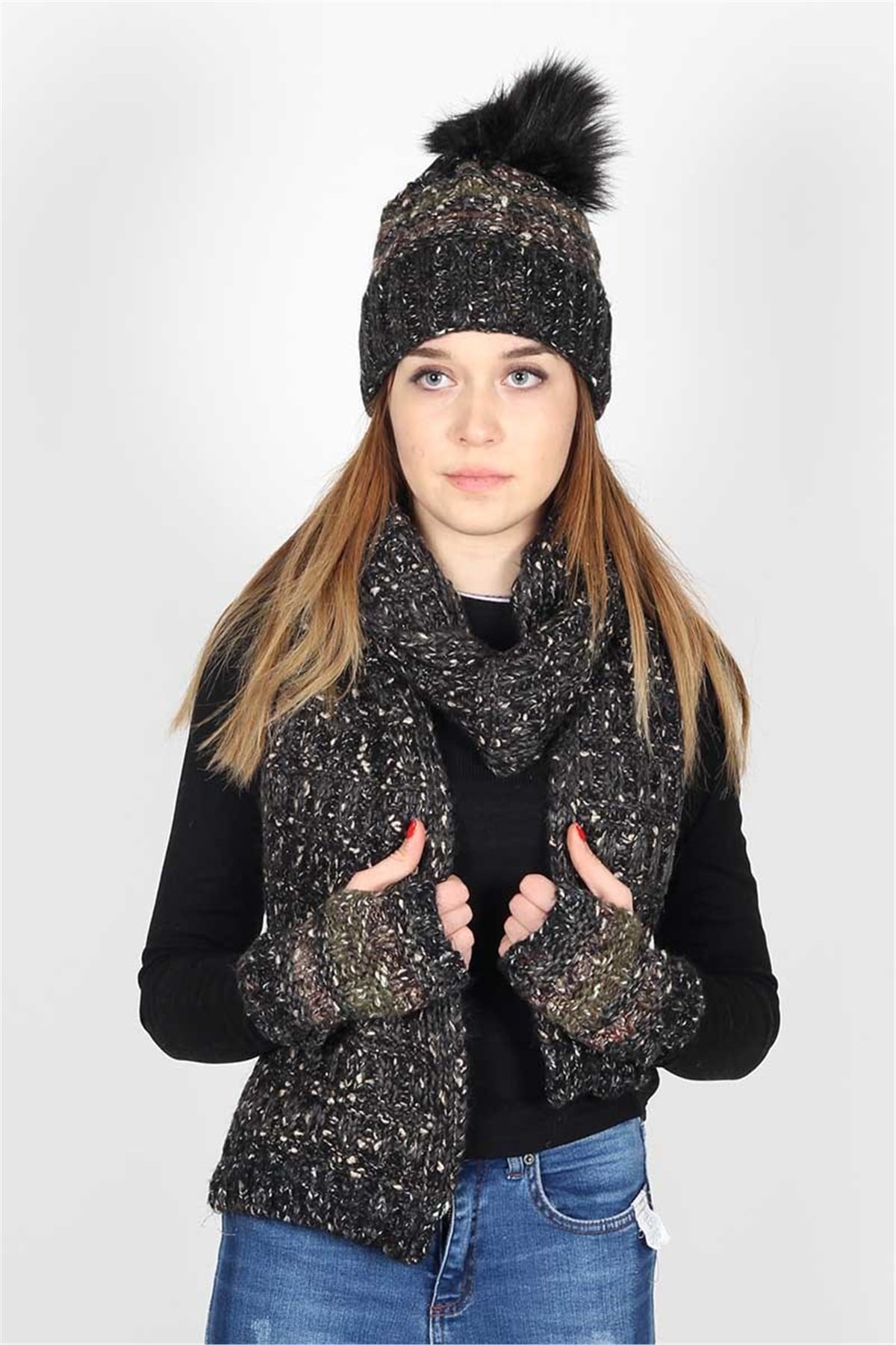 Weft Kadın Siyah Atkı Bere Eldiven Takımı 13078 Exclusive Serisi 