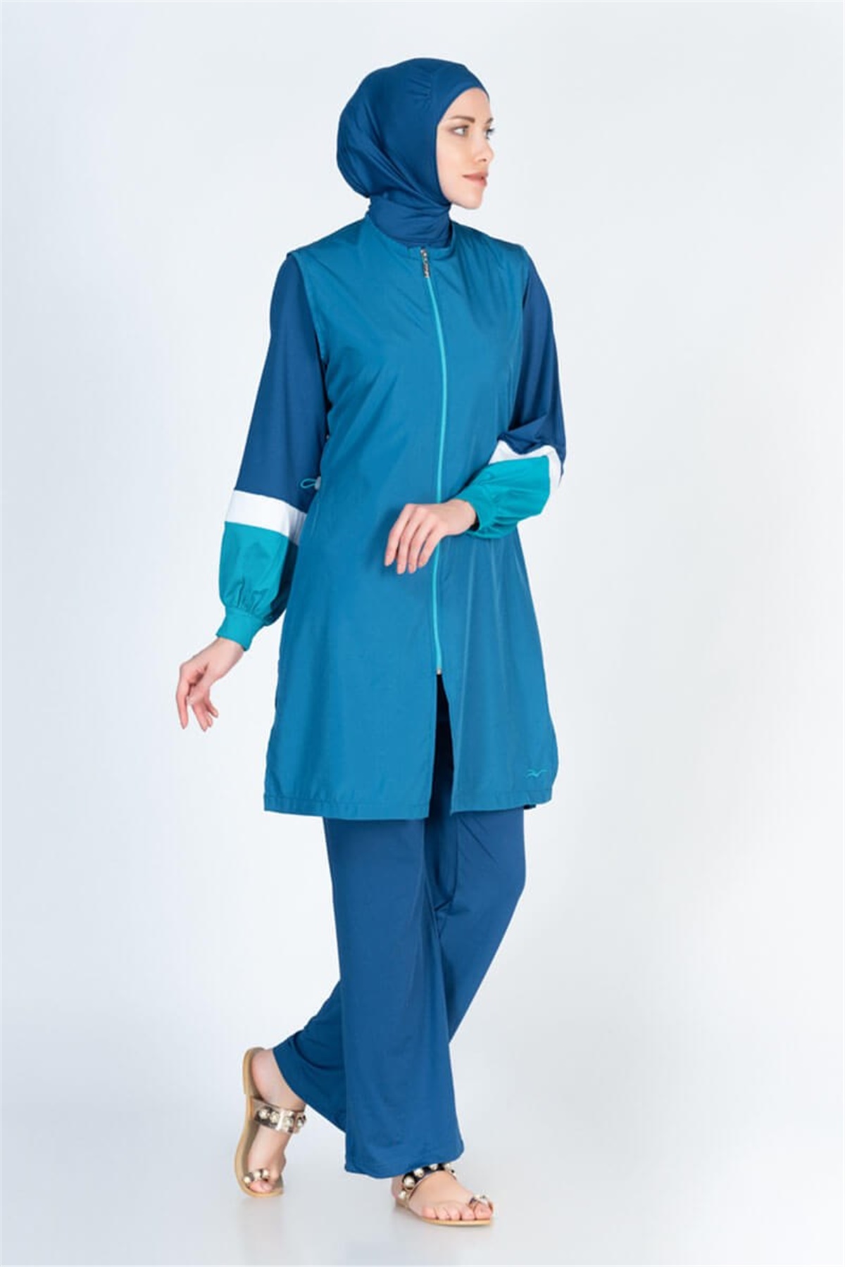 Yelekli Dokuma Tesettür Mayo Kolu Lastikli ALS3651 Petrol