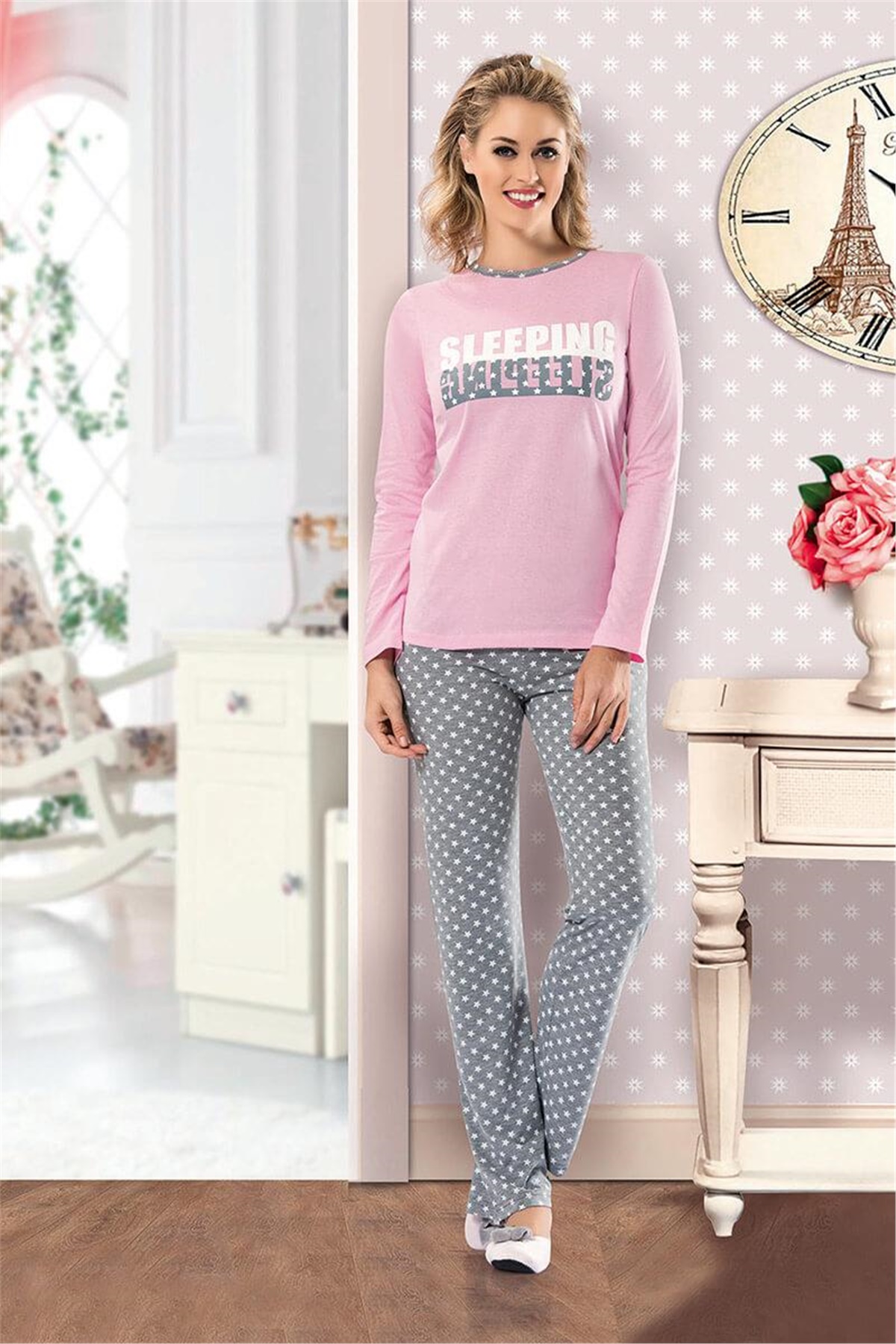 NBB 6928 Bayan Uzun Kollu  Yıldız Desenli Pijama Takımı