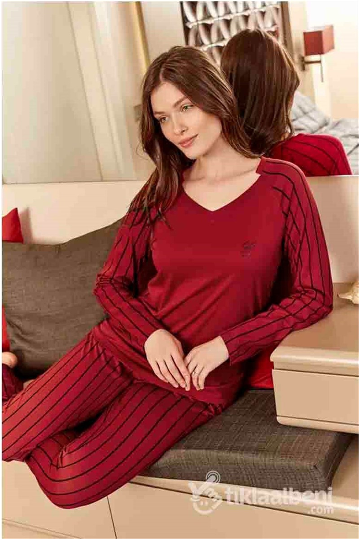 Eros ESK 20502 V Yaka Çizgili Bayan Pijama Takımı