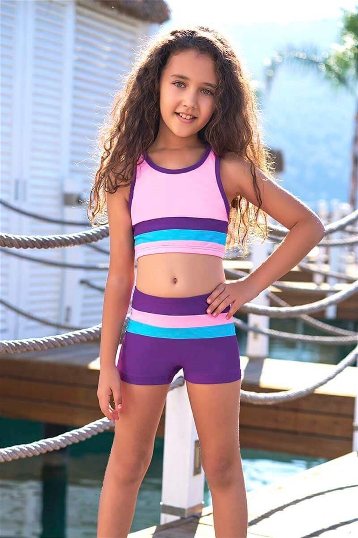 Şortlu Çocuk Yüzücü Mayosu T7101 Pembe / İki Parça