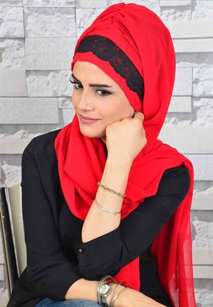 Dantelli Kırmızı Bone Şal d604