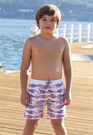 Erkek Çocuk Deniz Şortu, Balıklı Deniz Şortu G1063- Beyaz