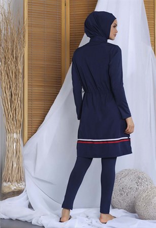 Eşarplı Lacivert Tam Kapalı Tesettür Mayo T20185