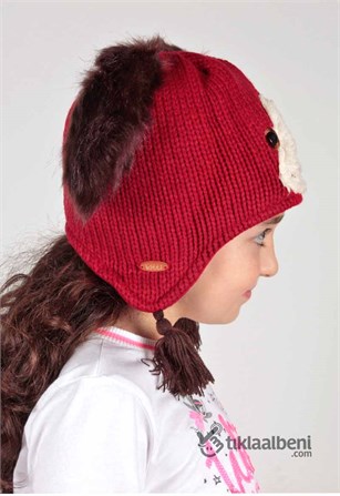 Kitti Kız Çocuk Kulaklı Bere, İçi Polar Çocuk Bere KTY-6814 Kırmızı
