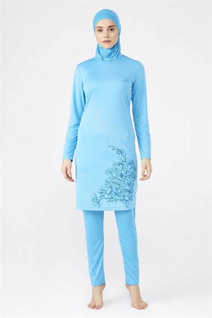 Likralı Tam Kapalı Mayo, Turkuaz Tesettür Mayo T0802