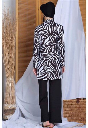 T20157 Siyah Beyaz Zebra Tasarım Tesettür Mayo