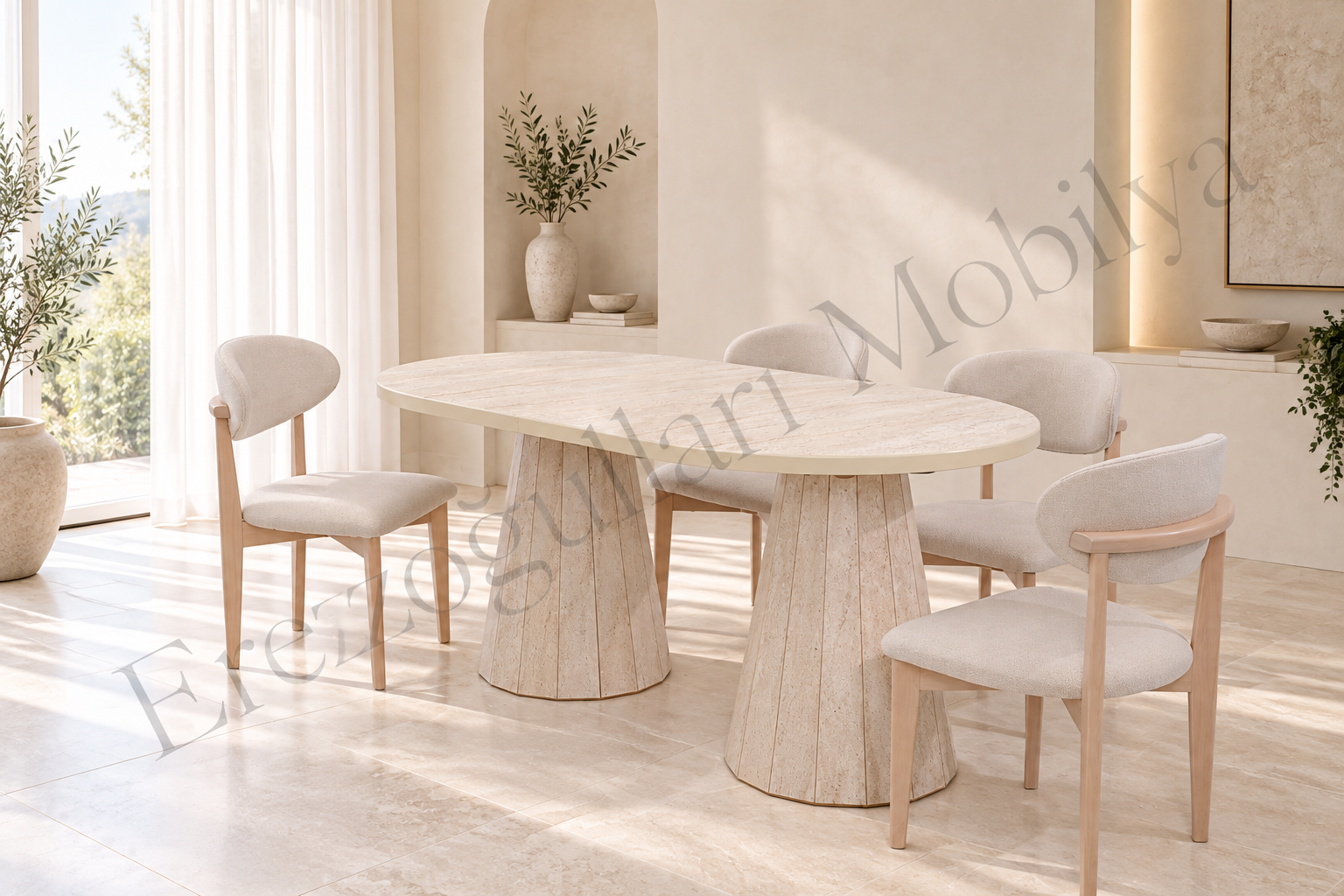 Bohem Travertan Norte Açılır Yemek Masa Sandalye Takımı 90x160cm