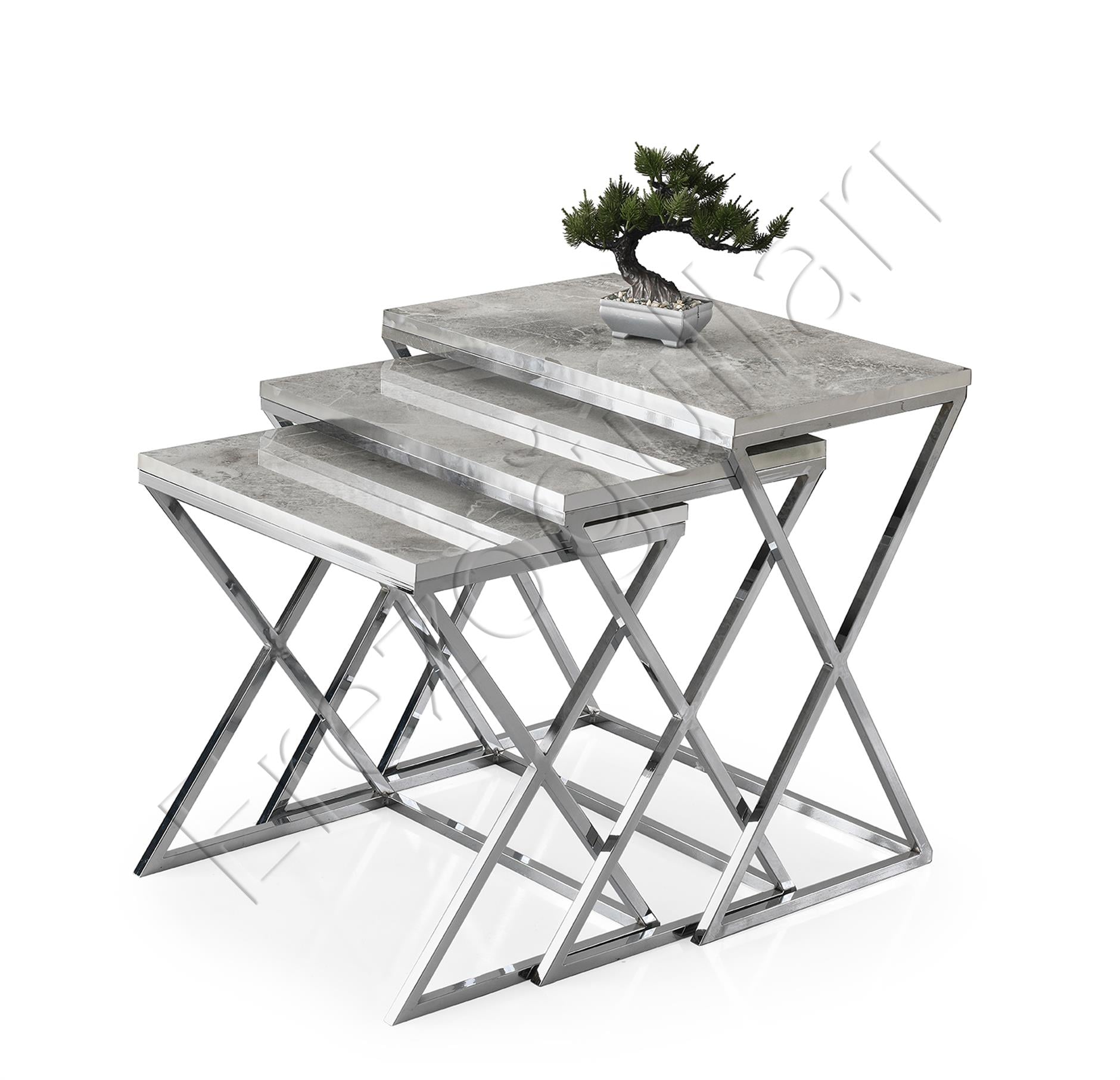 Çapraz Metal Ayak Kare Z 3lü Zigon Sehpa Camlı