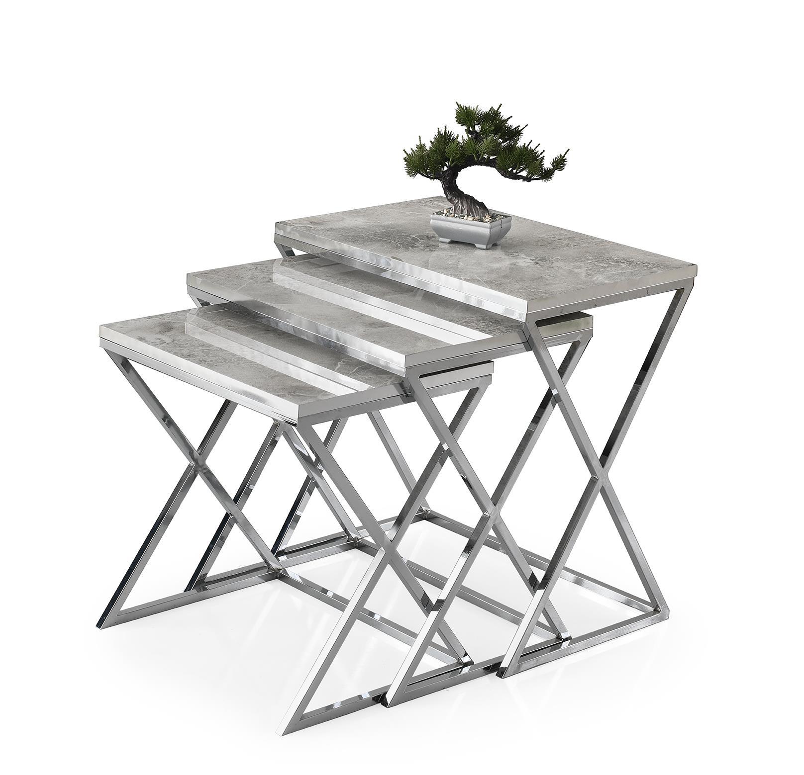 Çapraz Metal Ayak Kare Z 3lü Zigon Sehpa Camlı