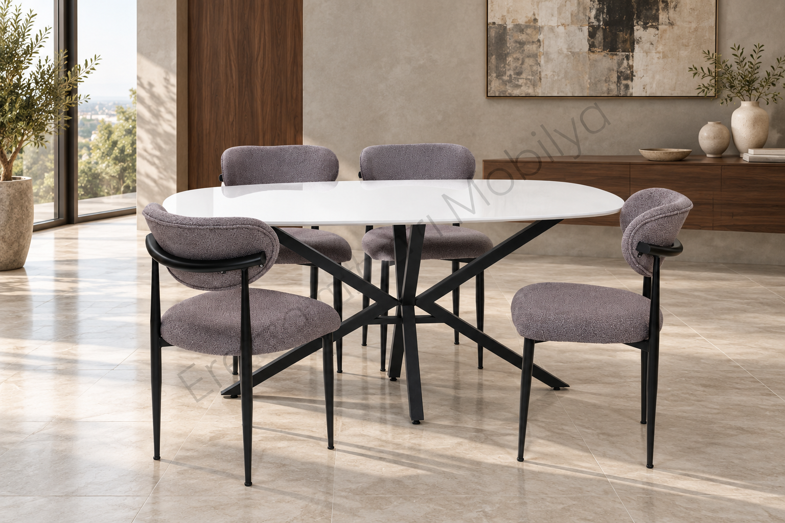 Çapraz Polo Demir High Gloss Yemek Masa Sandalye Takımı 90x160