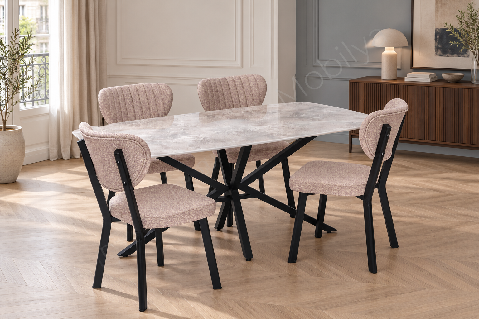 Çapraz Star Demir High Gloss Yemek Masa Sandalye Takımı 90x160