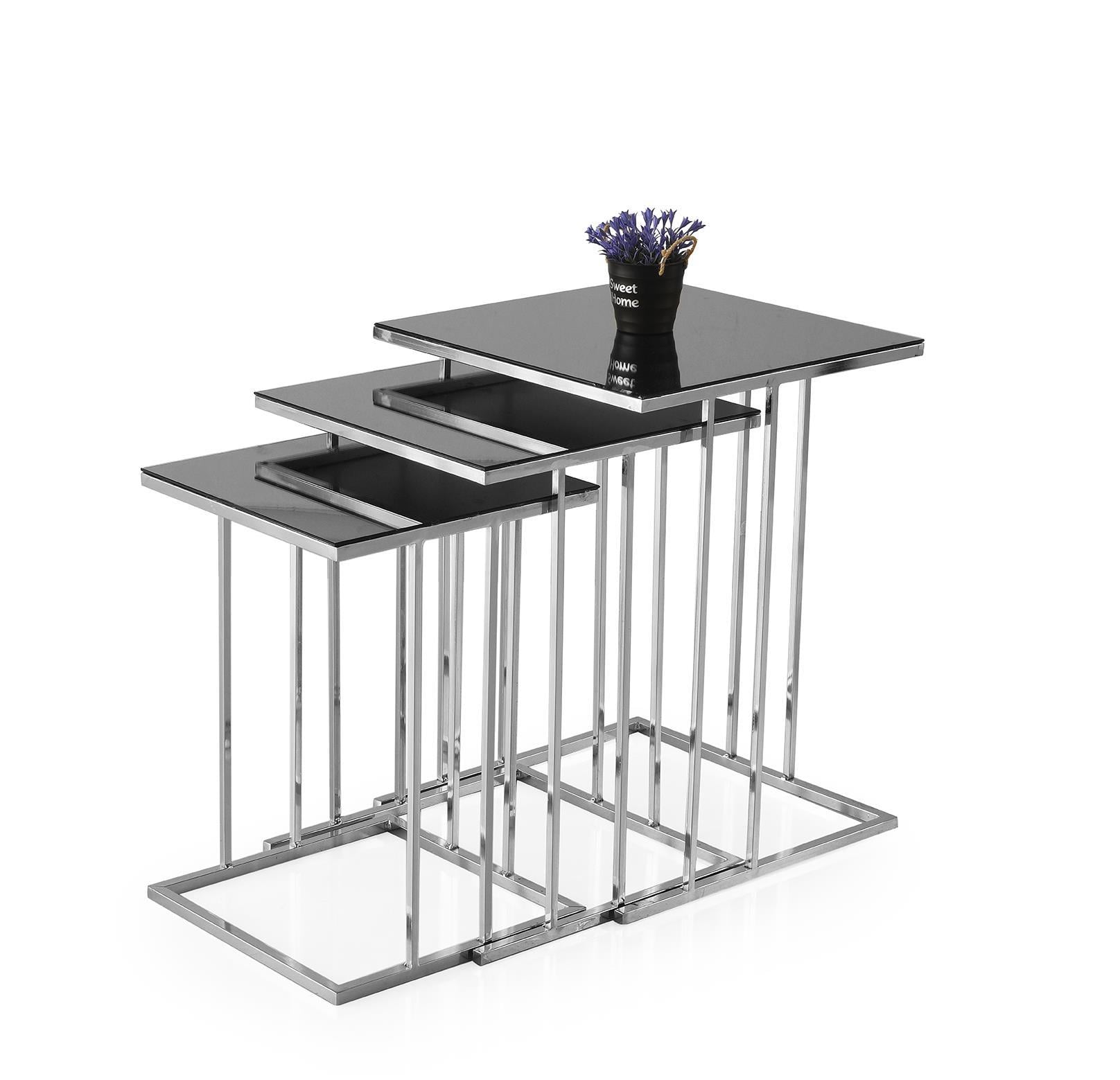 Elit C Zigon Sehpa 3lü Metal Ayak Camlı