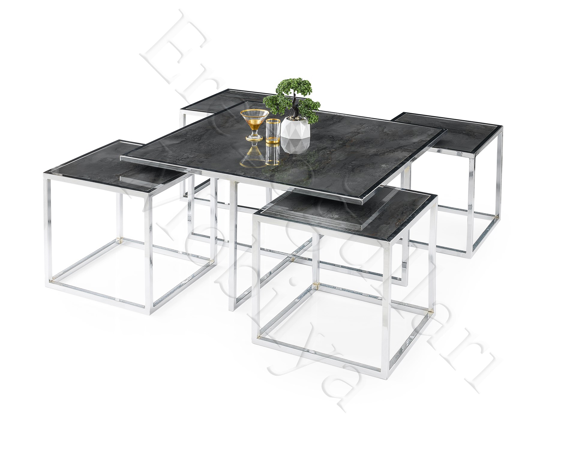 Kares 4 Zigonlu Orta Sehpa Metal Krom 90x90x47cm