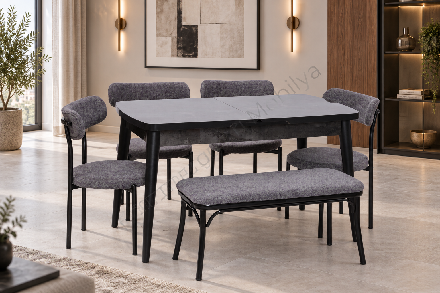 Nehir Alfa Banklı Lak Panel Açılır Mutfak Masa Takımı 75x130cm