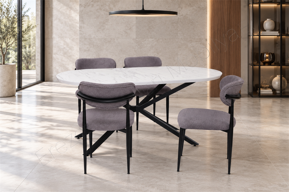 Bohem Metal Polo Boyalı Mdf Lak Panel Yemek Masa Takımı 90x170