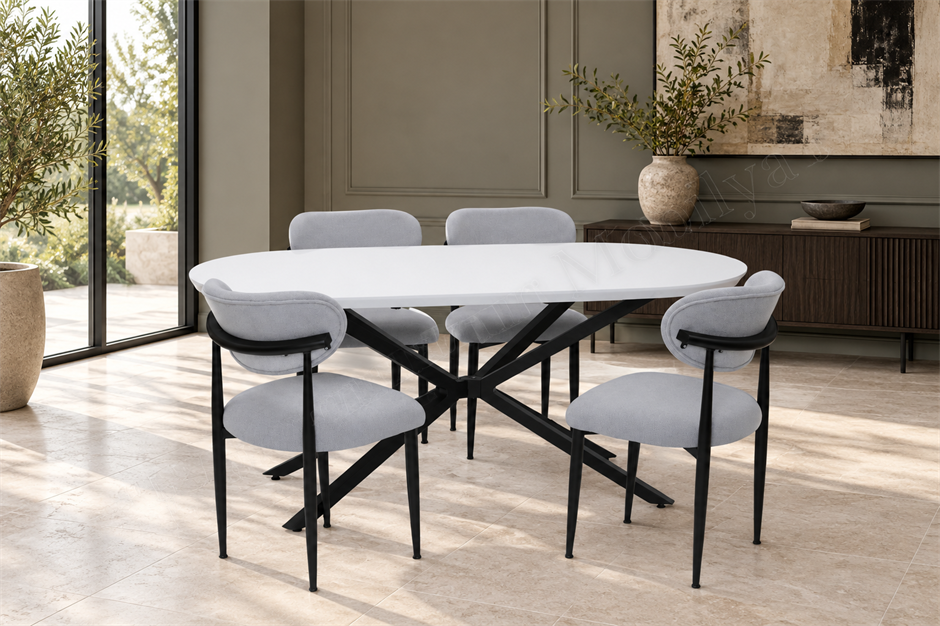 Bohem Metal Polo Boyalı Mdf Lak Panel Yemek Masa Takımı 90x170