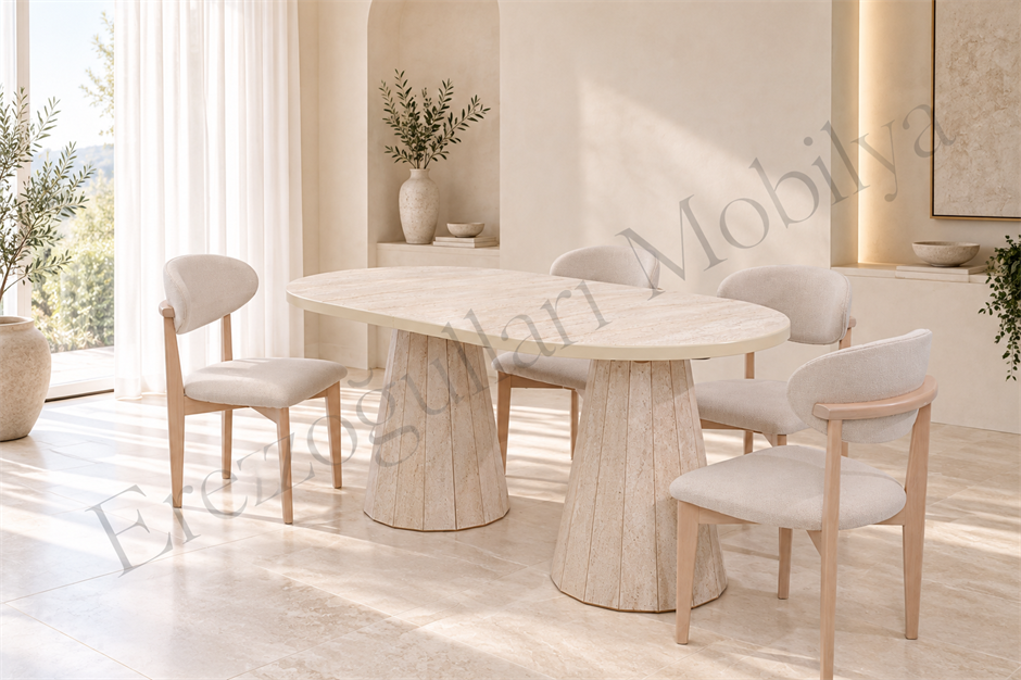 Bohem Travertan Norte Açılır Yemek Masa Sandalye Takımı 90x160cm