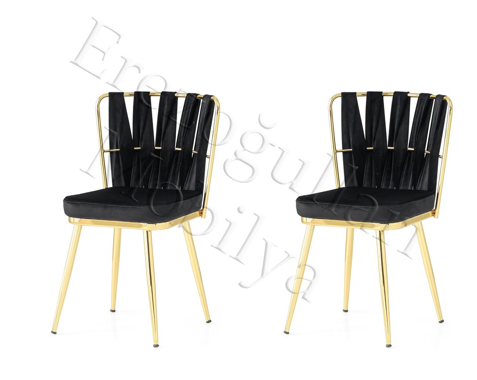 Cafe Bahçe Mutfak Sandalyesi Örgülü Gold Ayak 2 Li Set